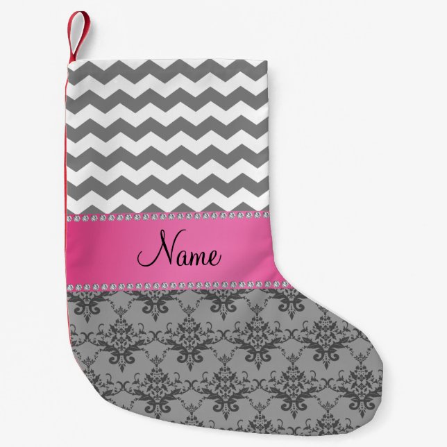 Personalised name Grey damask grey chevrons Small Christmas Stocking (Front)