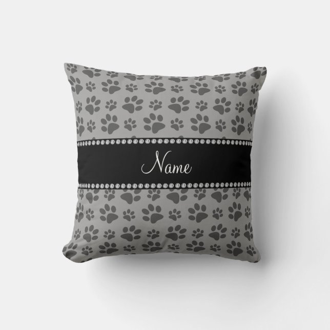 Personalised name grey dog paw prints cushion (Front)