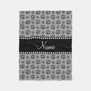 Personalised name grey dog paw prints fleece blanket