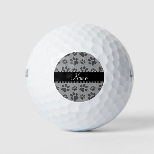 Personalised name grey dog paw prints golf balls (Front)