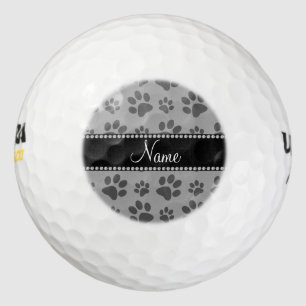 Personalised name grey dog paw prints golf balls