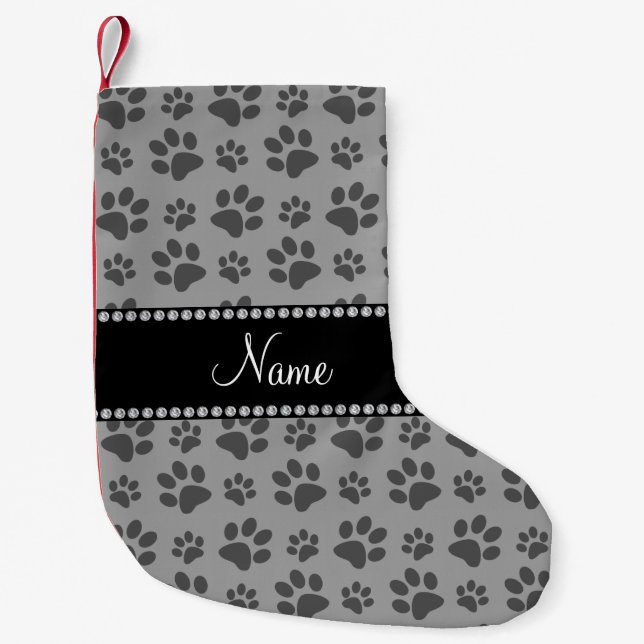 Personalised name grey dog paw prints small christmas stocking (Front)