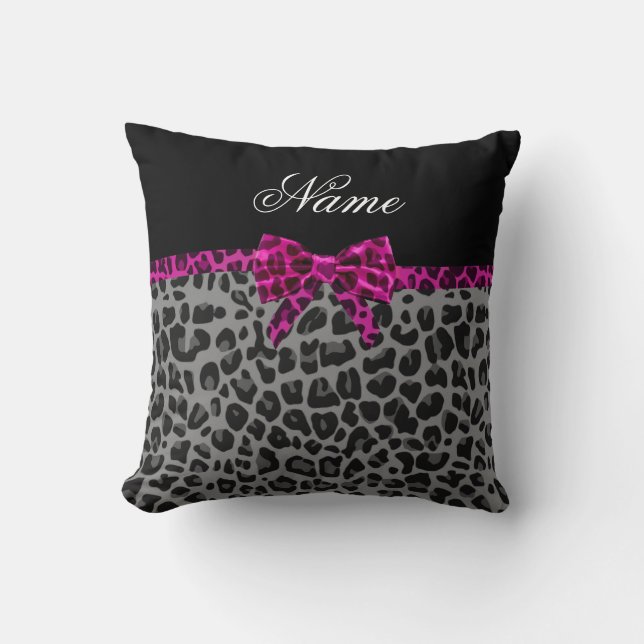 Personalised name grey leopard print pink bow cushion (Front)