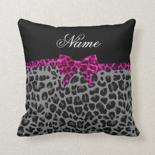 Personalised name grey leopard print pink bow cushion