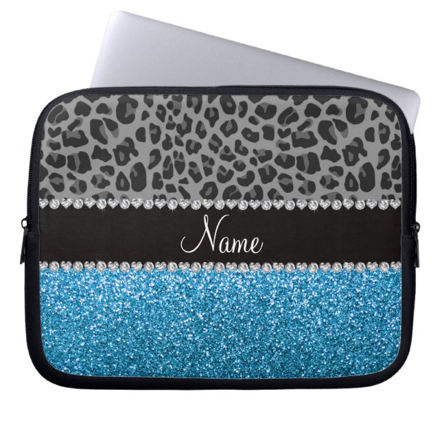 Personalised name grey leopard sky blue glitter laptop sleeve (Front)