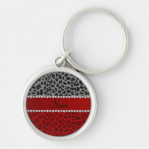 Personalised name grey red leopard pattern key ring