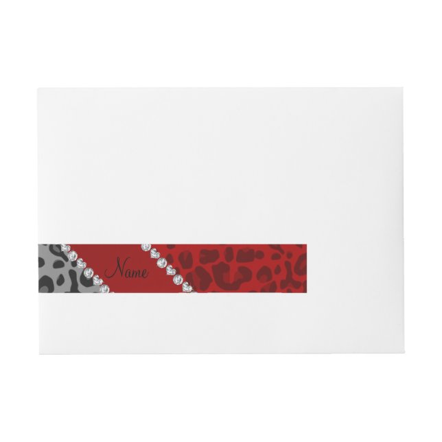 Personalised name grey red leopard pattern wraparound address label (Front)