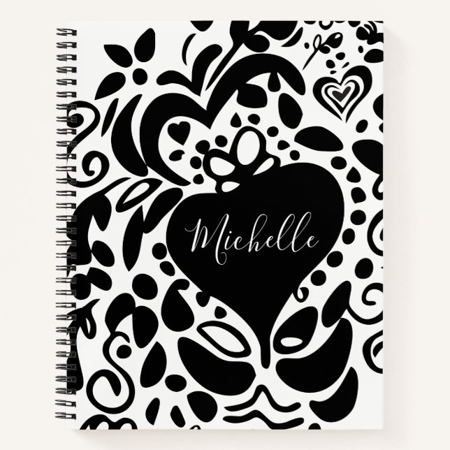 Personalised, Name, Heart, Leaves, Flowers Pattern Notebook (Front)