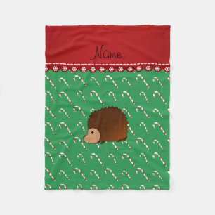 Personalised name hedgehog green candy canes fleece blanket