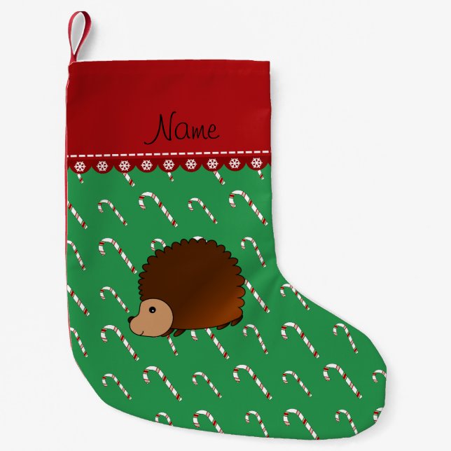 Personalised name hedgehog green candy canes small christmas stocking (Front)
