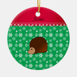 Personalised name hedgehog green snowflakes ceramic tree decoration