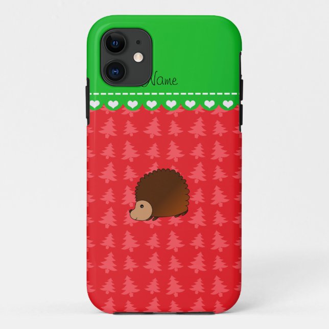 Personalised name hedgehog red Christmas trees Case-Mate iPhone Case (Back)
