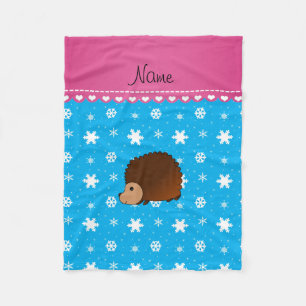 Personalised name hedgehog sky blue snowflakes fleece blanket