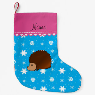 Personalised name hedgehog sky blue snowflakes small christmas stocking