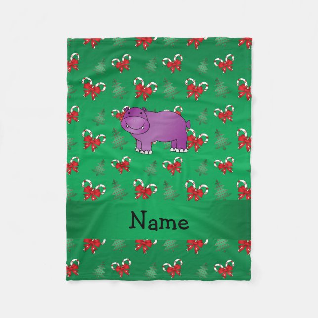 Personalised name hippo green candy canes bows fleece blanket (Front)