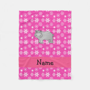 Personalised name hippo pink snowflakes fleece blanket