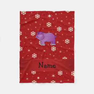 Personalised name hippo red snowflakes fleece blanket
