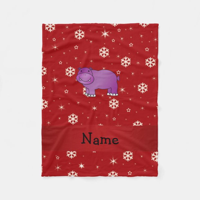 Personalised name hippo red snowflakes fleece blanket (Front)