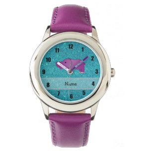 Personalised name hippo turquoise glitter watch