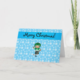 Personalised name hockey player blue snowflakes holiday card