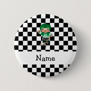 Personalised name hockey player checkers 6 cm round badge