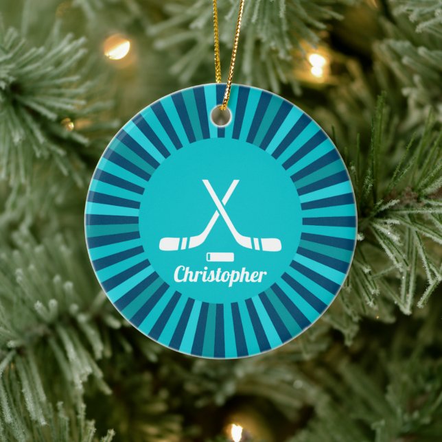 Personalised Name Hockey Player Coach Sport Blue Ceramic Ornament (Tree)