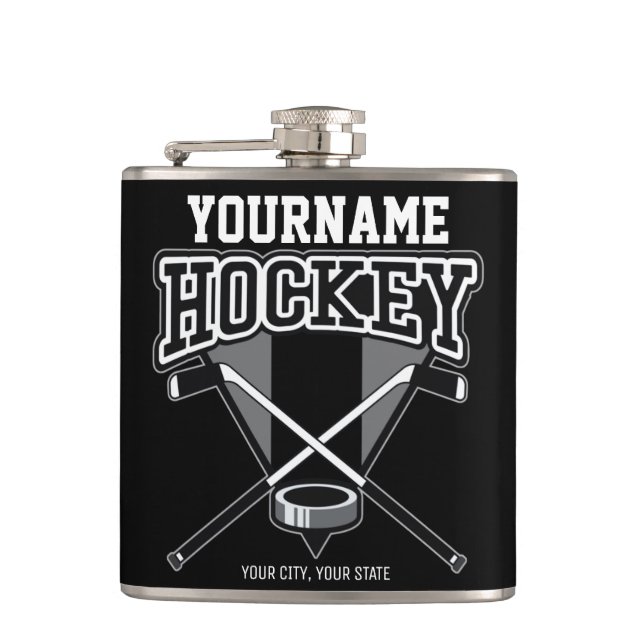Personalised NAME Hockey Player Stick Puck Team  Hip Flask (Front)
