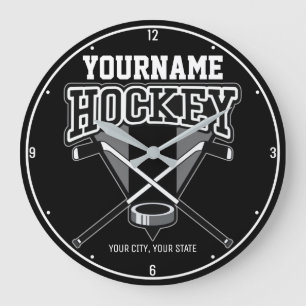 Personalised NAME Hockey Player Stick Puck Team Large Clock