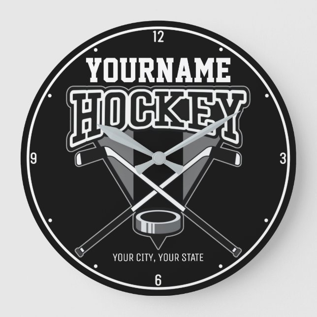 Personalised NAME Hockey Player Stick Puck Team Large Clock (Front)