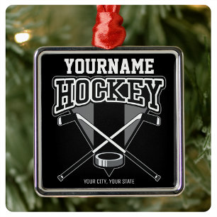 Personalised NAME Hockey Player Stick Puck Team   Metal Ornament
