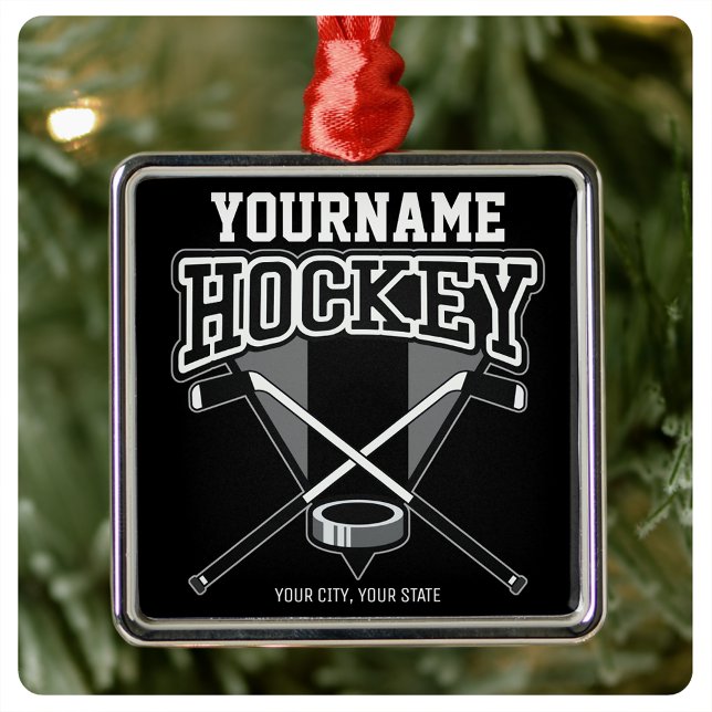 Personalised NAME Hockey Player Stick Puck Team   Metal Ornament (Creator Uploaded)