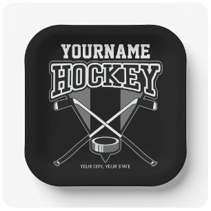 Personalised NAME Hockey Player Stick Puck Team Paper Plate