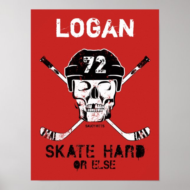 Personalised Name Hockey Skull Helmet Sticks Red Poster (Front)