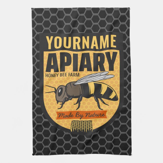 Personalised NAME Honey Bee Apiary Beehives Farm  Tea Towel (Vertical)