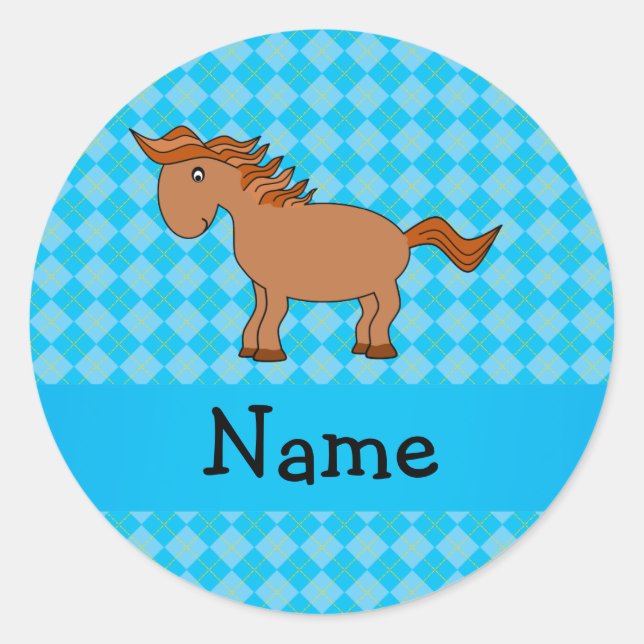 Personalised name horse blue argyle classic round sticker (Front)