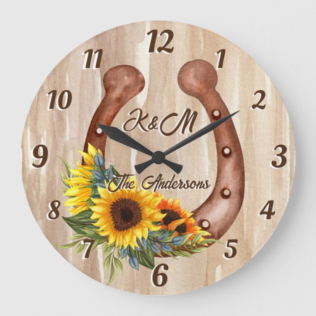 Personalised name horseshoe with sunflowers wood large clock (Front)