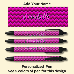 Personalised Name, Hot Pink Chevron Zig Zag  Black Ink Pen