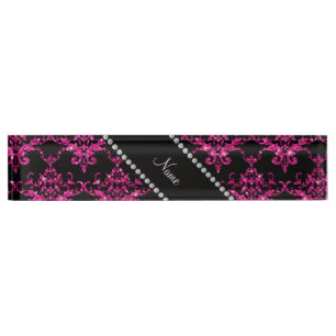Personalised name hot pink glitter damask nameplate
