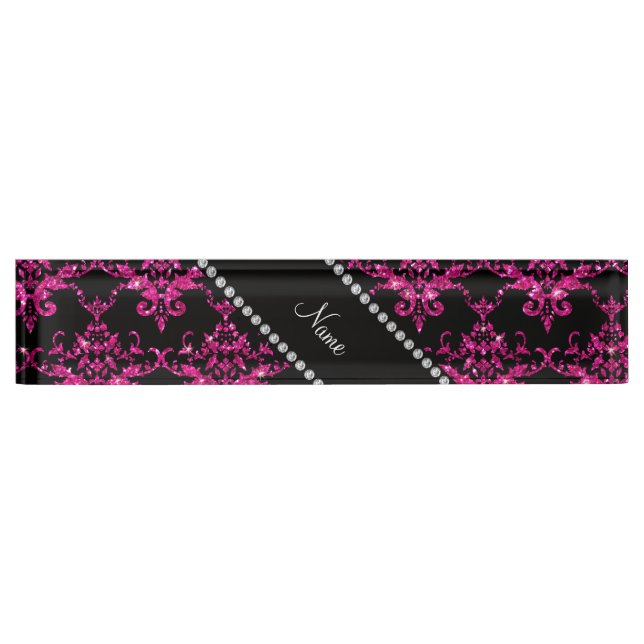 Personalised name hot pink glitter damask nameplate (Front)
