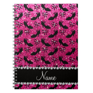 Personalised name hot pink glitter fancy shoes bow notebook