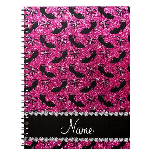 Personalised name hot pink glitter fancy shoes bow notebook (Front)