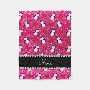 Personalised name hot pink glitter penguins hearts fleece blanket