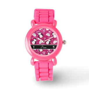 Personalised name hot pink glitter penguins igloos watch