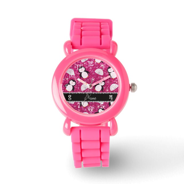Personalised name hot pink glitter penguins igloos watch (Front)