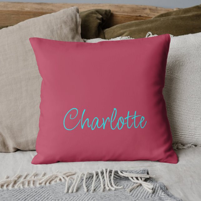 Personalised Name Hot Pink Teal Script Cushion (Creator Uploaded)