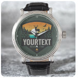 Personalised NAME Hunter Wilderness Elk Hunting La Watch<br><div class="desc">Personalised Hunter Deer Elk Hunting Club design -Elk with Antlers,  Green Pine Trees,  Gorgeous River and Golden Sunset - Customise with your Name or Custom Text!</div>