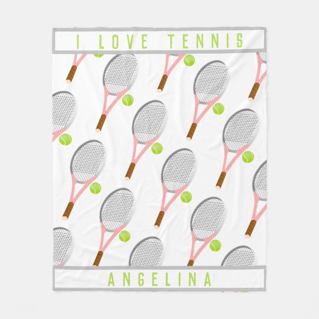 Personalised Name I love tennis racket and ball Fleece Blanket (Front)
