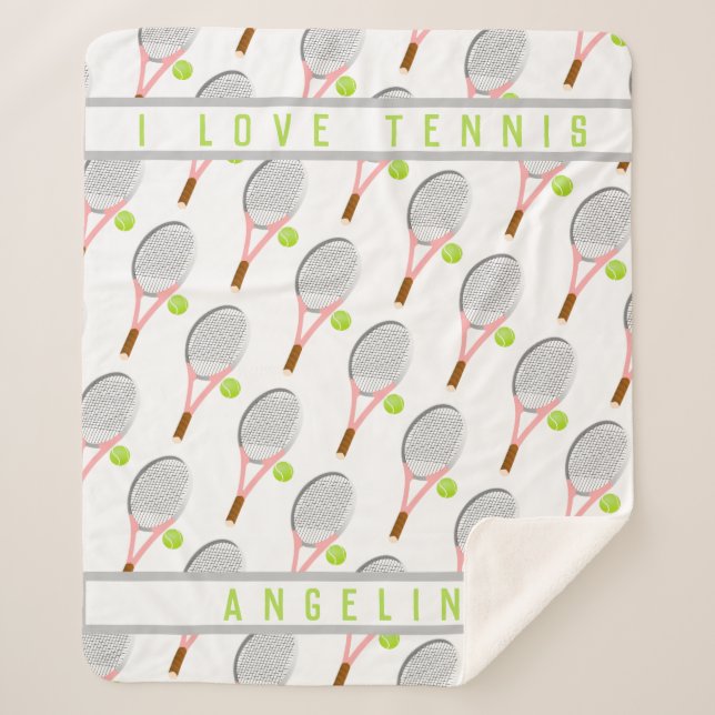 Personalised Name I love tennis racket and ball Sherpa Blanket (Front)