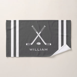Personalised Name Ice Hockey Dark Grey Stripes Hand Towel
