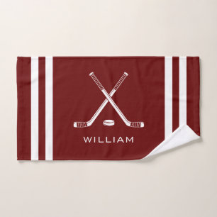 Personalised Name Ice Hockey Dark Red Stripes Hand Towel